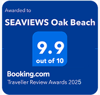 Booking.com Guest Review Awards Highly rated Oak Beach holiday accommodation guest review award badge from Booking.com